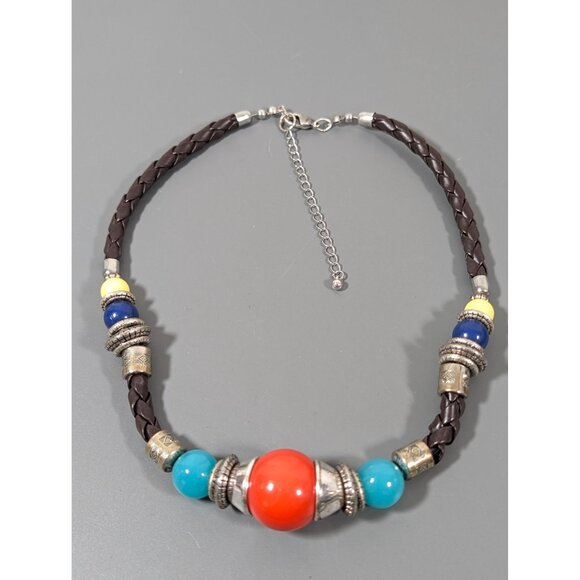 Boho Western Orange Blue Bead Braided Cord Necklace Statement Bold 21" - Picture 2 of 8